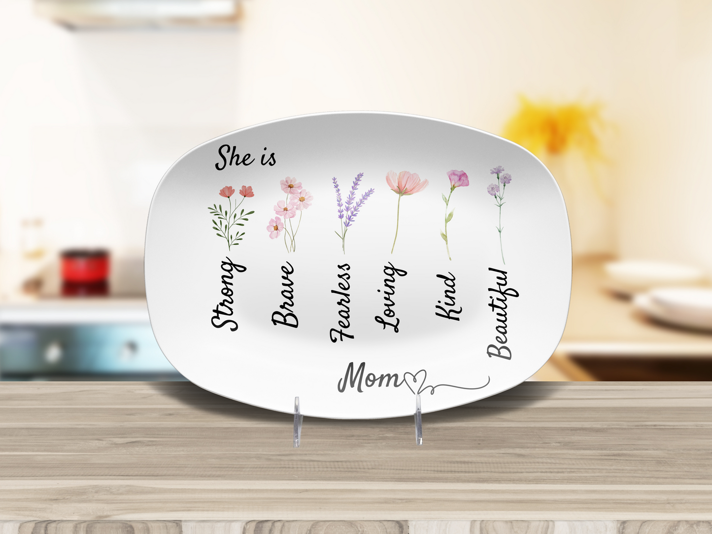 Personalized Mom Platter – Floral Oval Plate with Inspirational Words – Unbreakable & Microwave Safe