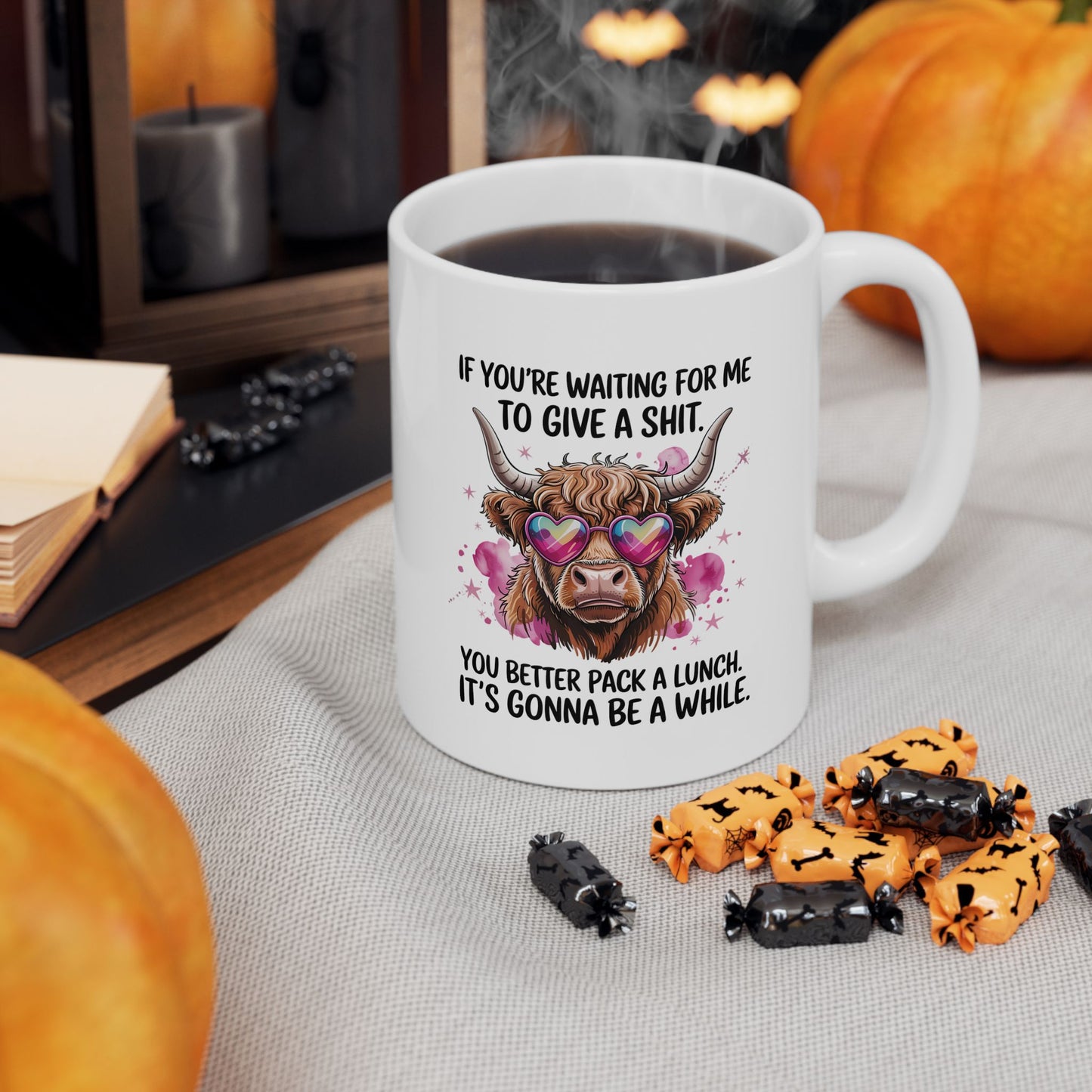 Funny Scottish Highland Cow Ceramic Mug, If You're Waiting for Me Quote, Cute Coffee Cup, Novelty Gift, Sarcastic Tea Mug, 11oz, 15oz