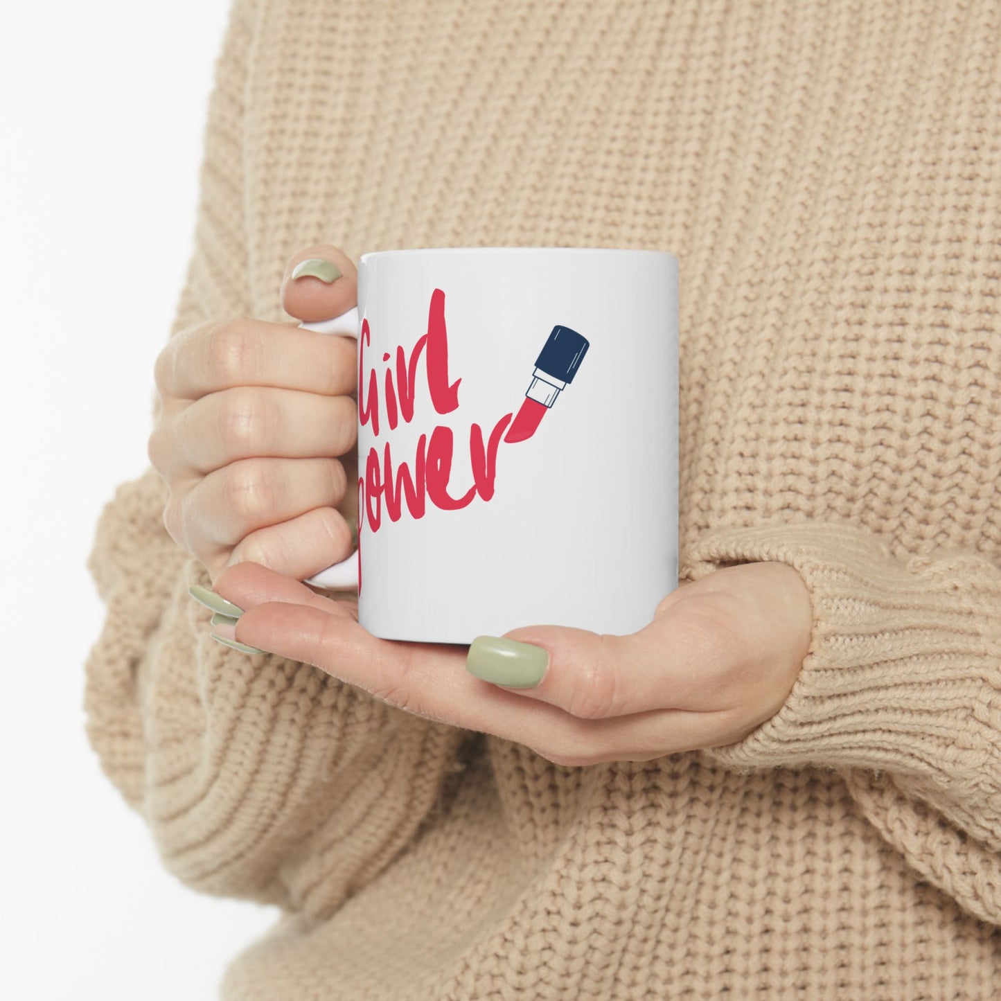 Girl Power Ceramic Mug, Lipstick Coffee Cup, Feminist Tea Mug, Empowerment Hot Beverage Mug, Makeup Lover Gift, 11oz 15oz Mug