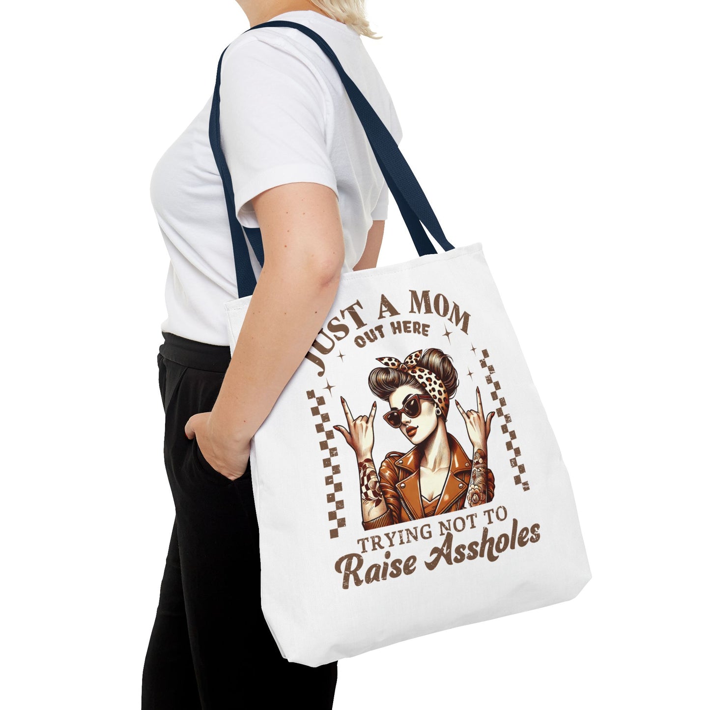 Funny Mom Tote Bag - "Just a Mom Trying Not to Raise Assholes"