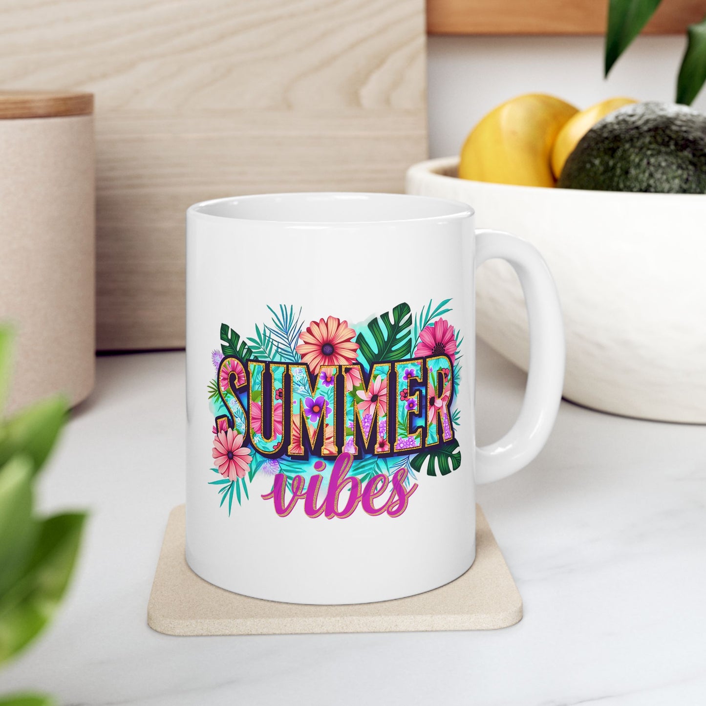 Tropical Summer Ceramic Mug | Fun Coffee Cup, Floral Drinkware, Gift for Beach Lovers, Summer Decor, Vacation Mug