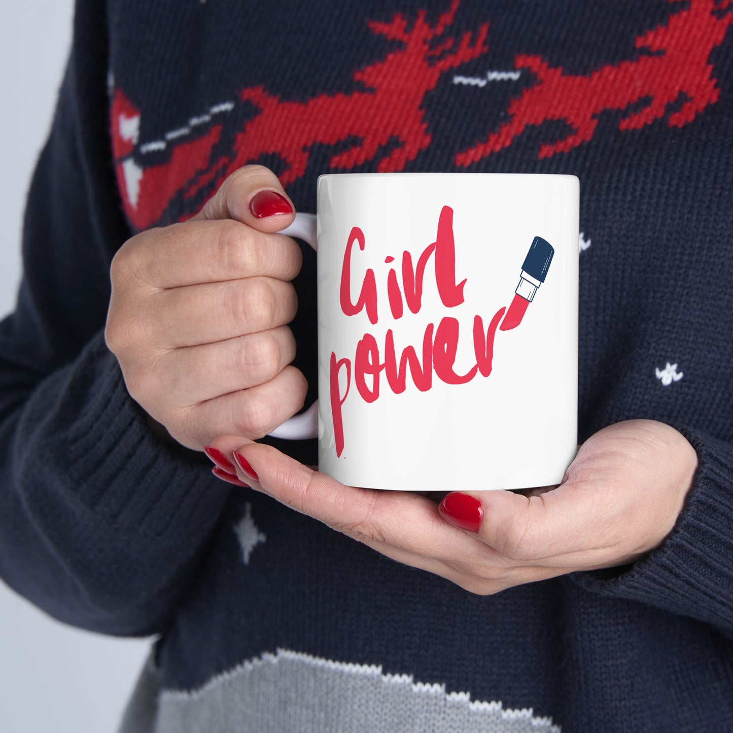 Girl Power Ceramic Mug, Lipstick Coffee Cup, Feminist Tea Mug, Empowerment Hot Beverage Mug, Makeup Lover Gift, 11oz 15oz Mug