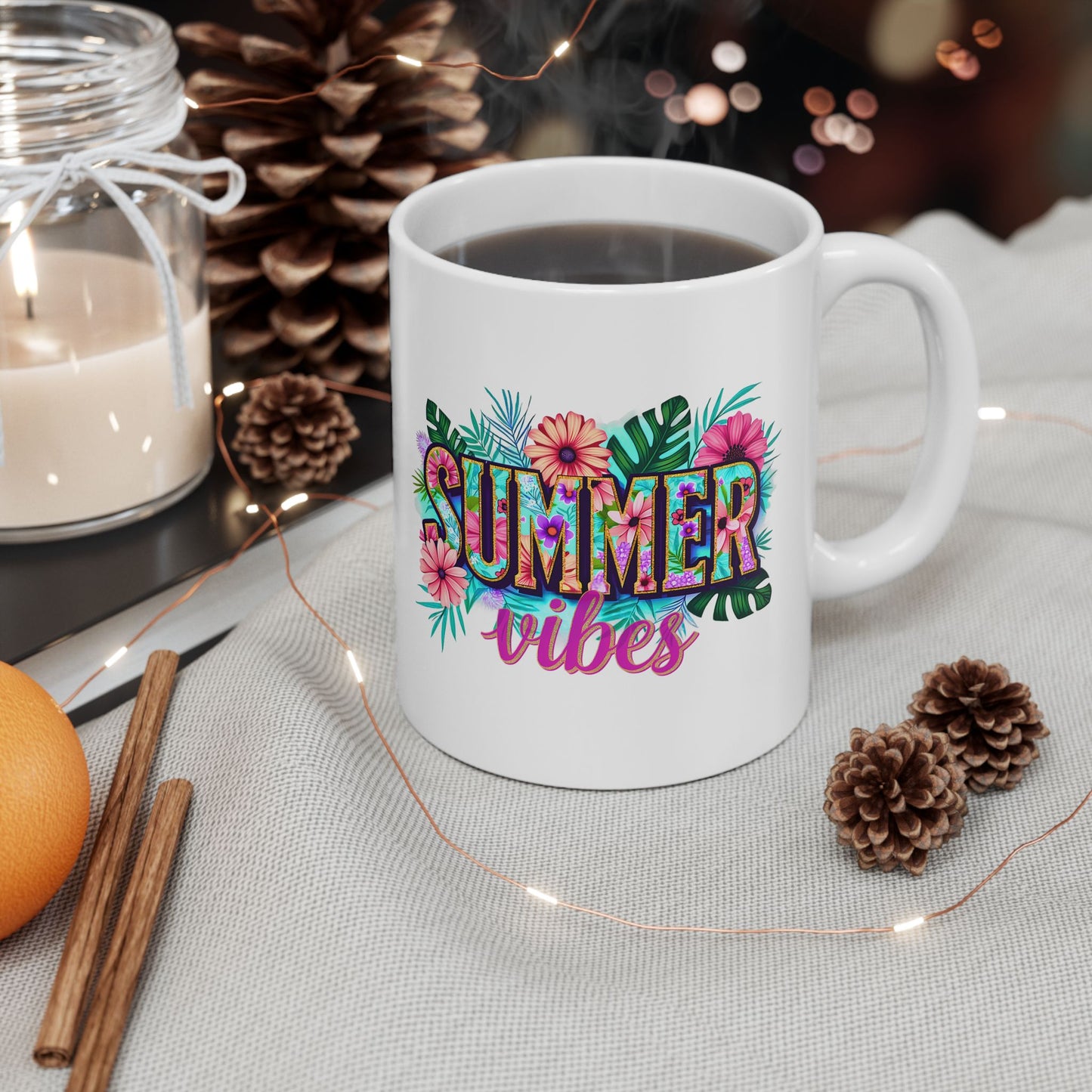 Tropical Summer Ceramic Mug | Fun Coffee Cup, Floral Drinkware, Gift for Beach Lovers, Summer Decor, Vacation Mug