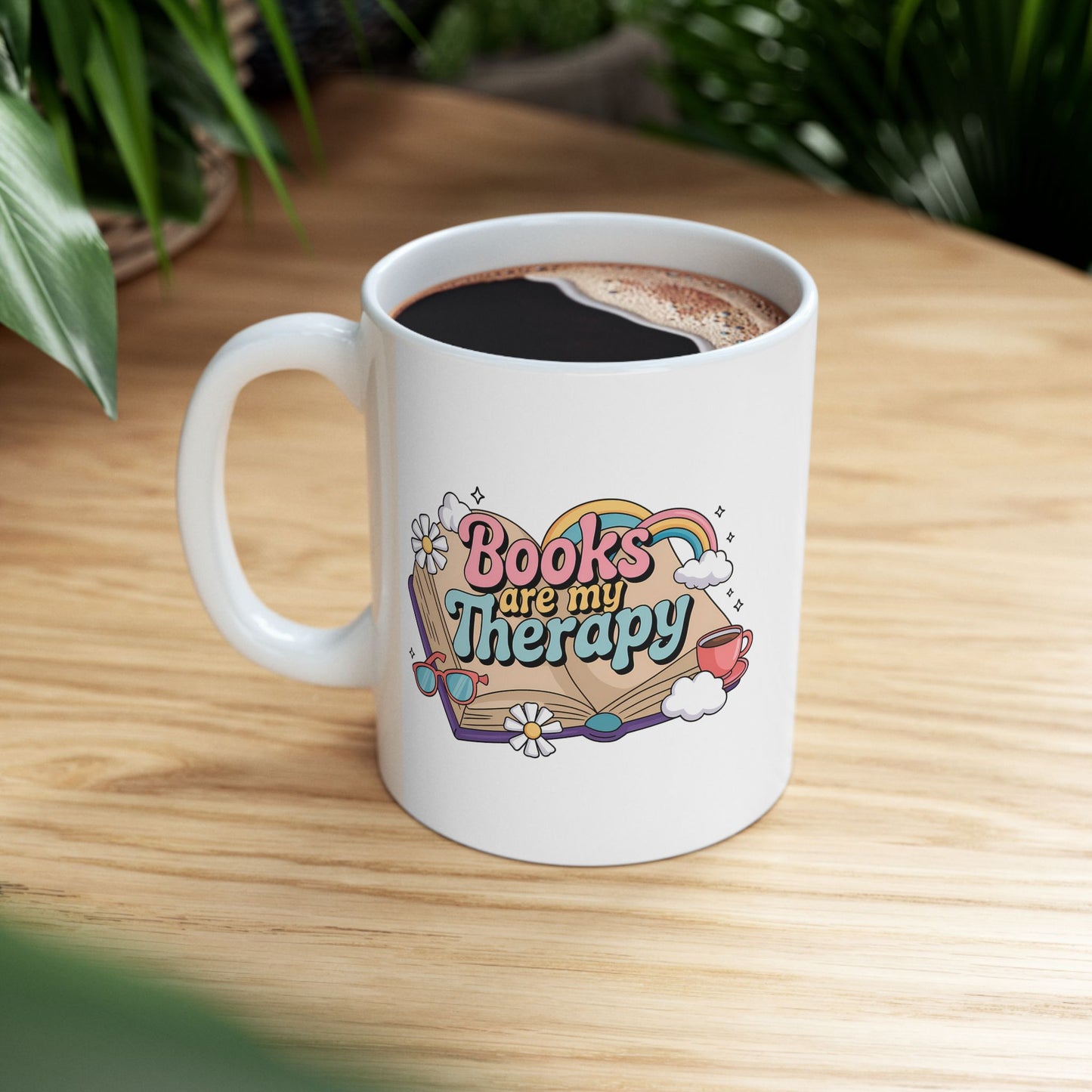 Books Are My Therapy Ceramic Mug, Open Book Rainbow Clouds Design - Gift for Book Lovers, Bibliophiles, Reading Enthusiasts - 11oz, 15oz