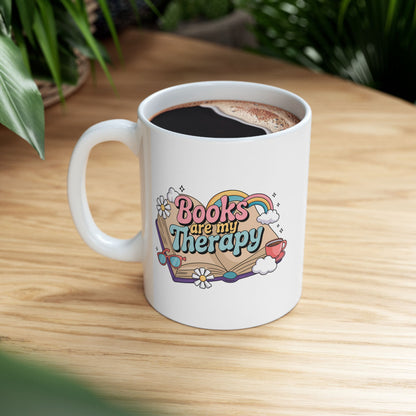Books Are My Therapy Ceramic Mug, Open Book Rainbow Clouds Design - Gift for Book Lovers, Bibliophiles, Reading Enthusiasts - 11oz, 15oz