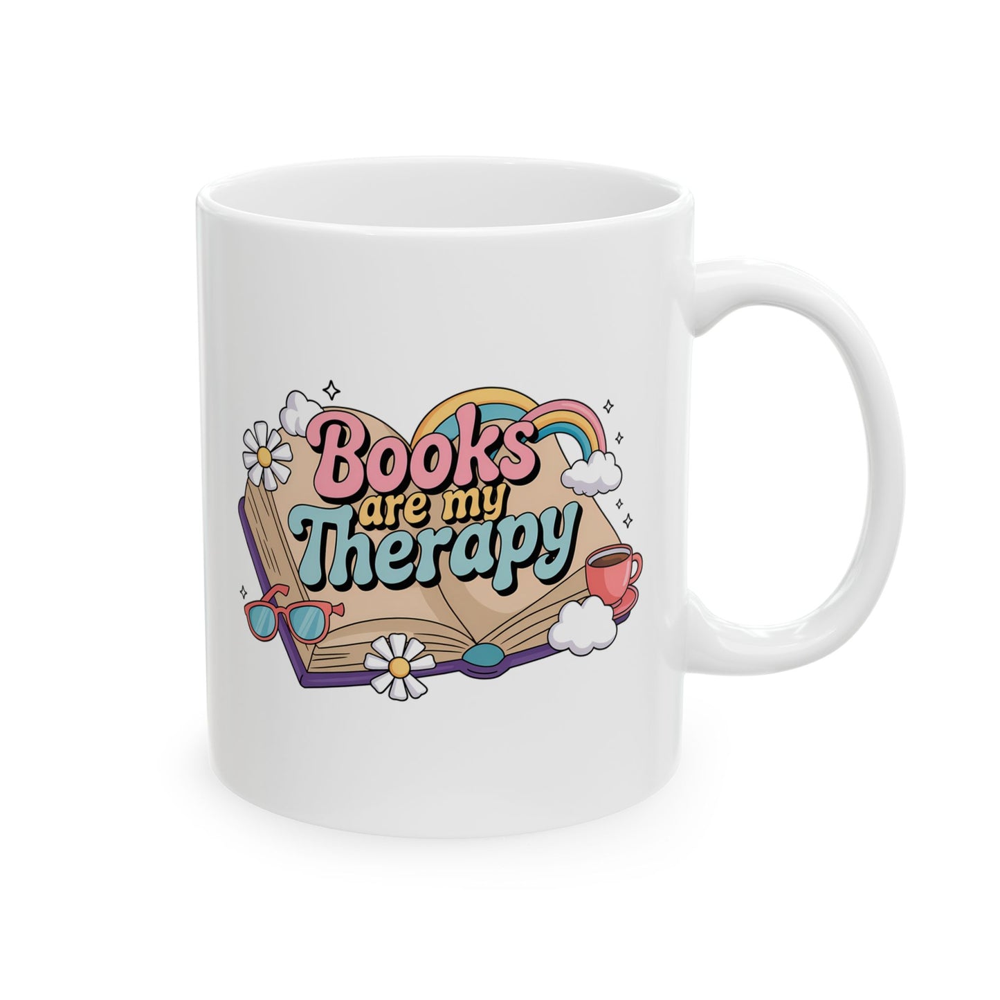 Books Are My Therapy Ceramic Mug, Open Book Rainbow Clouds Design - Gift for Book Lovers, Bibliophiles, Reading Enthusiasts - 11oz, 15oz