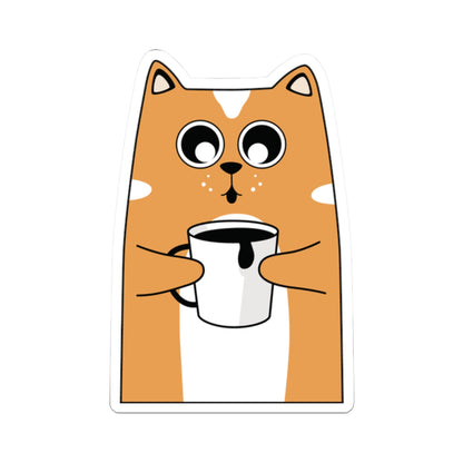 Funny Cat Sticker - Cute Orange Cat Holding Coffee Cup Illustration - Laptop, Water Bottle, Notebook, Car Decor, Cat Lovers
