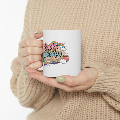 Books Are My Therapy Ceramic Mug, Open Book Rainbow Clouds Design - Gift for Book Lovers, Bibliophiles, Reading Enthusiasts - 11oz, 15oz