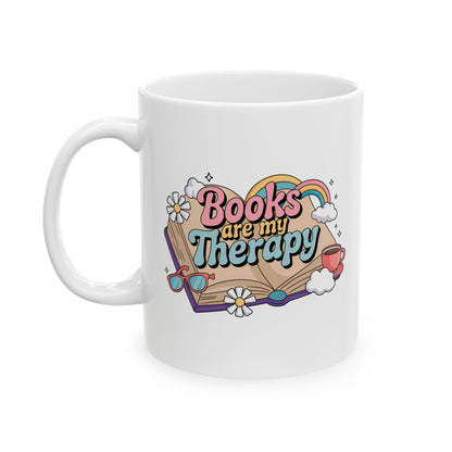 Books Are My Therapy Ceramic Mug, Open Book Rainbow Clouds Design - Gift for Book Lovers, Bibliophiles, Reading Enthusiasts - 11oz, 15oz