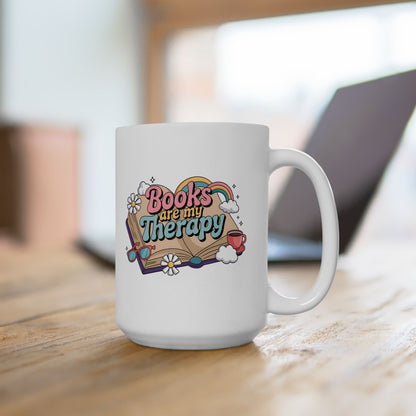 Books Are My Therapy Ceramic Mug, Open Book Rainbow Clouds Design - Gift for Book Lovers, Bibliophiles, Reading Enthusiasts - 11oz, 15oz