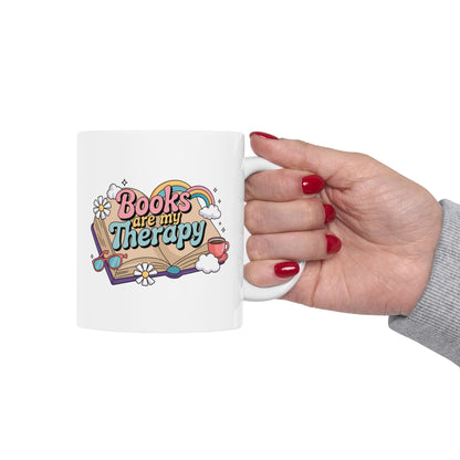 Books Are My Therapy Ceramic Mug, Open Book Rainbow Clouds Design - Gift for Book Lovers, Bibliophiles, Reading Enthusiasts - 11oz, 15oz