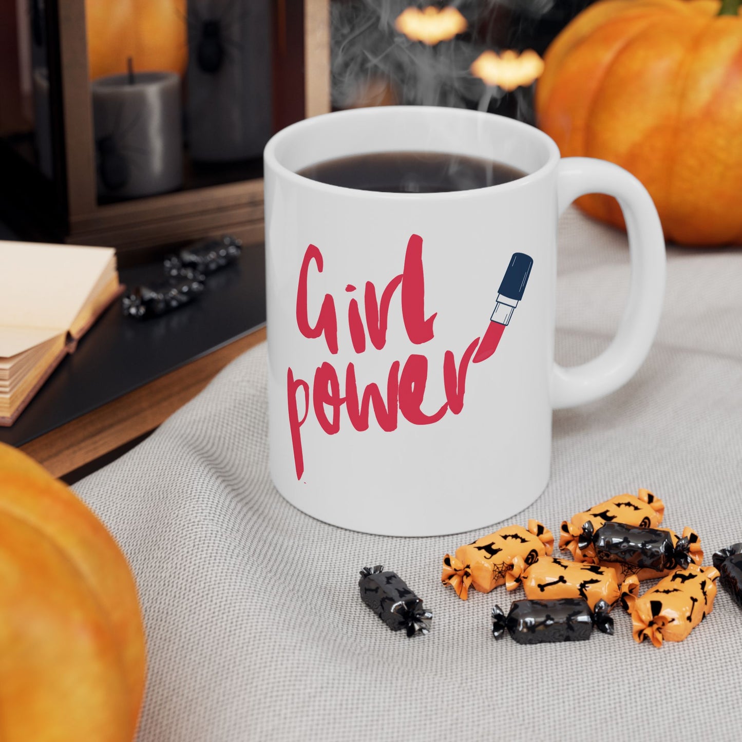 Girl Power Ceramic Mug, Lipstick Coffee Cup, Feminist Tea Mug, Empowerment Hot Beverage Mug, Makeup Lover Gift, 11oz 15oz Mug