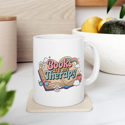 Books Are My Therapy Ceramic Mug, Open Book Rainbow Clouds Design - Gift for Book Lovers, Bibliophiles, Reading Enthusiasts - 11oz, 15oz