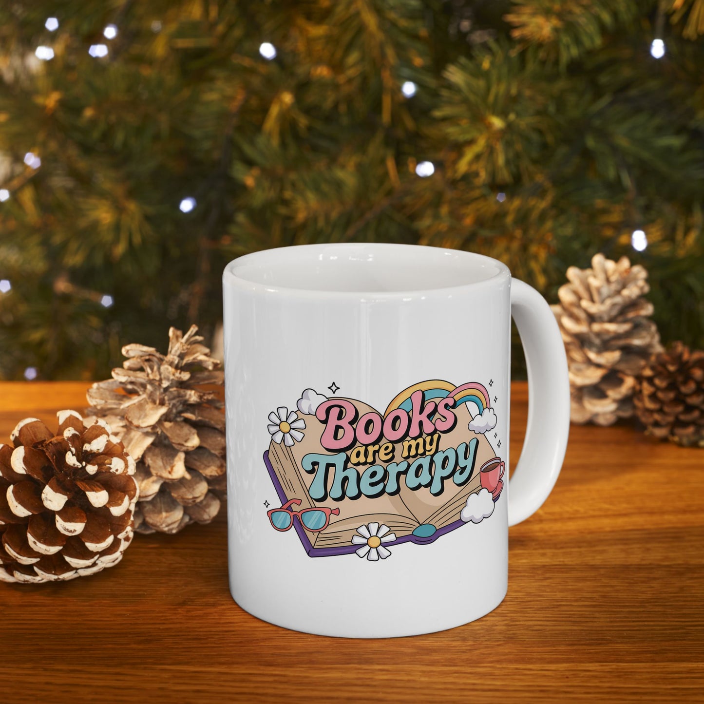 Books Are My Therapy Ceramic Mug, Open Book Rainbow Clouds Design - Gift for Book Lovers, Bibliophiles, Reading Enthusiasts - 11oz, 15oz