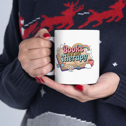 Books Are My Therapy Ceramic Mug, Open Book Rainbow Clouds Design - Gift for Book Lovers, Bibliophiles, Reading Enthusiasts - 11oz, 15oz