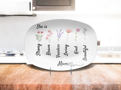 Personalized Mom Platter – Floral Oval Plate with Inspirational Words – Unbreakable & Microwave Safe