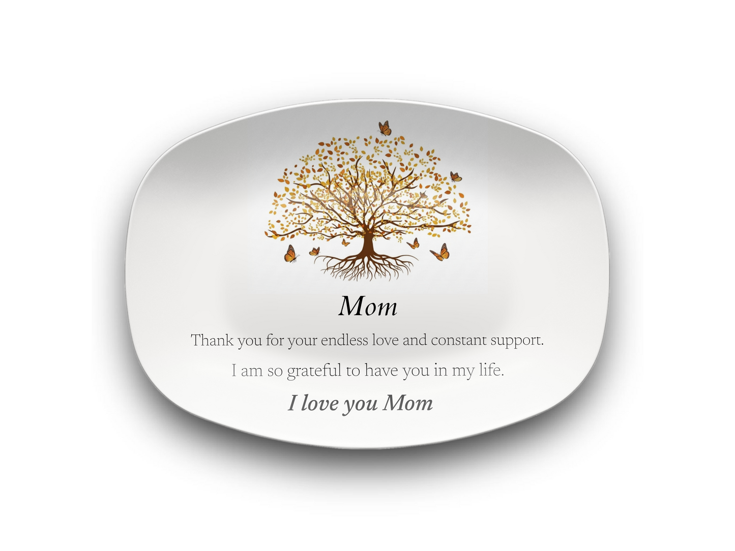 Decorative plate with a tree design and message for mom on a white background