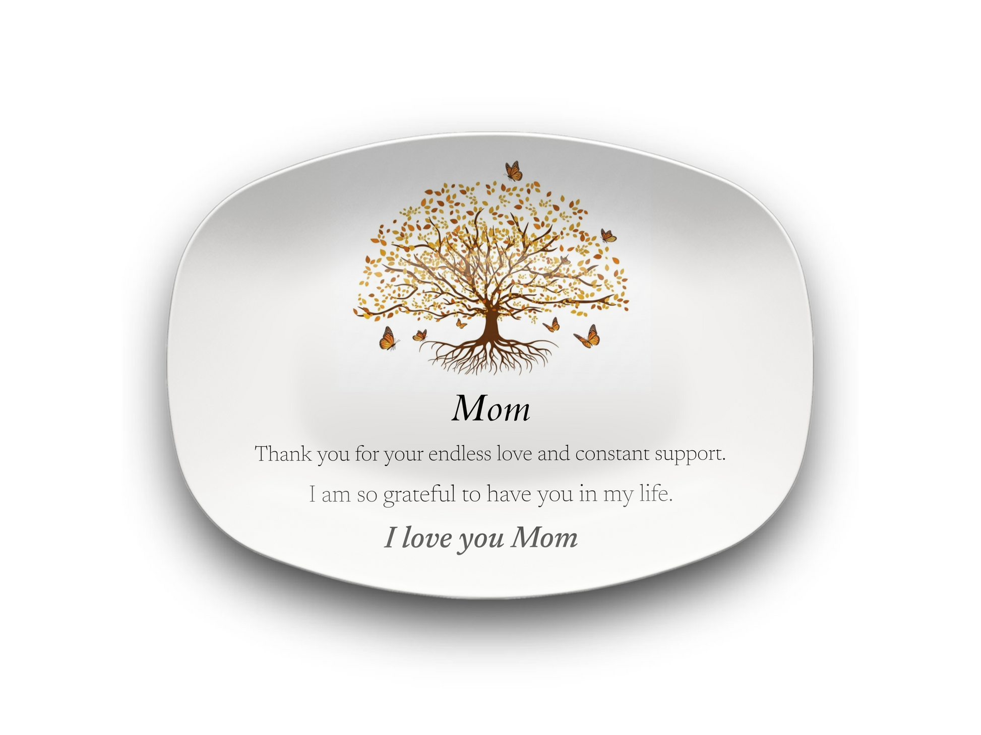 Decorative plate with a tree design and message for mom on a white background