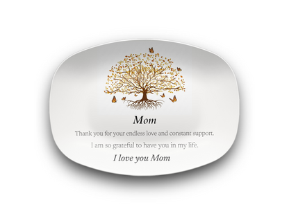 Decorative plate with a tree design and message for mom on a white background