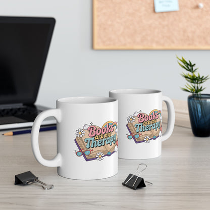 Books Are My Therapy Ceramic Mug, Open Book Rainbow Clouds Design - Gift for Book Lovers, Bibliophiles, Reading Enthusiasts - 11oz, 15oz