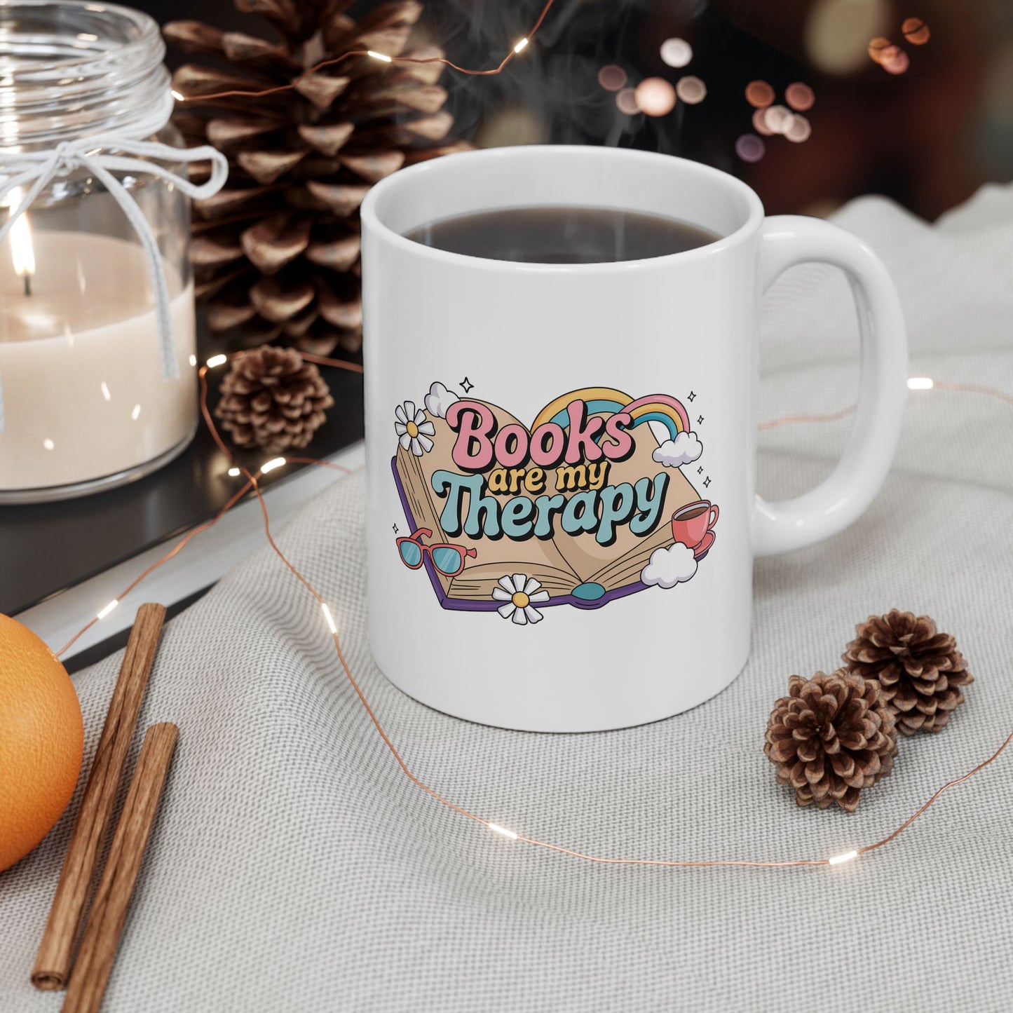 Books Are My Therapy Ceramic Mug, Open Book Rainbow Clouds Design - Gift for Book Lovers, Bibliophiles, Reading Enthusiasts - 11oz, 15oz