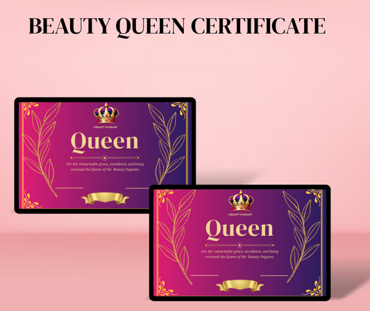 Queen Beauty Pageant Certificate – Printable Award for Pageant Winners, Grace & Excellence Recognition