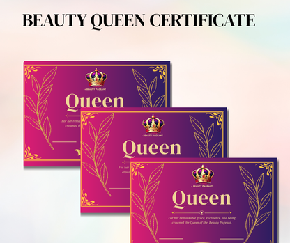 Queen Beauty Pageant Certificate – Printable Award for Pageant Winners, Grace & Excellence Recognition