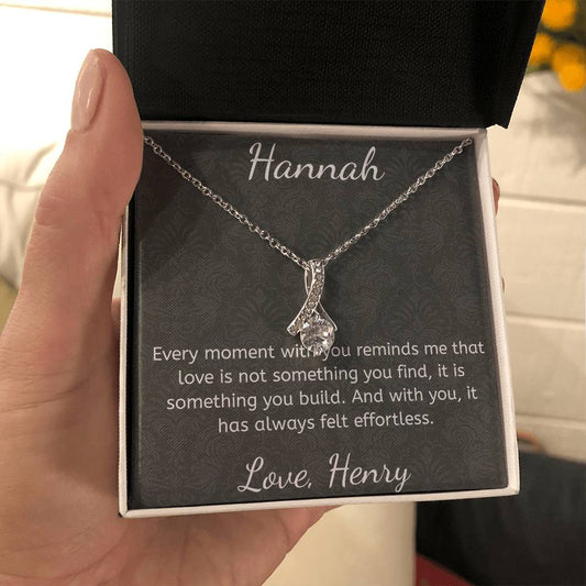 Necklace with a sentimental message card held by a hand