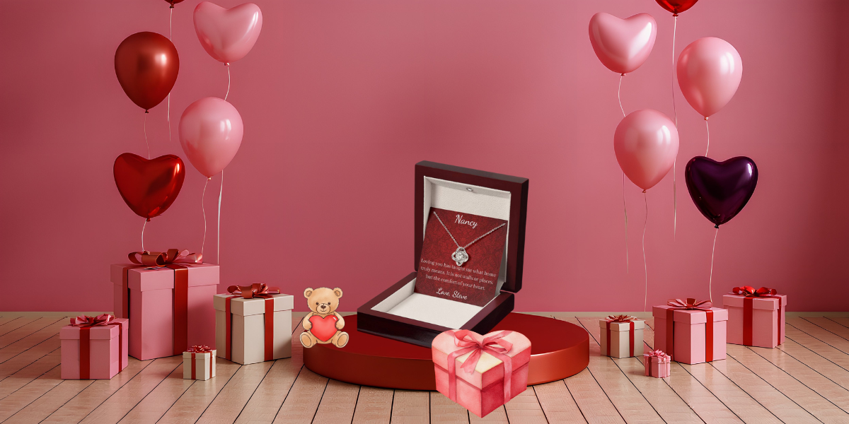Valentine's Day scene with jewelry box, teddy bear, and balloons on a pink background