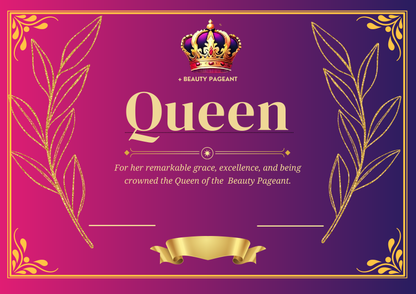 Queen Beauty Pageant Certificate – Printable Award for Pageant Winners, Grace & Excellence Recognition