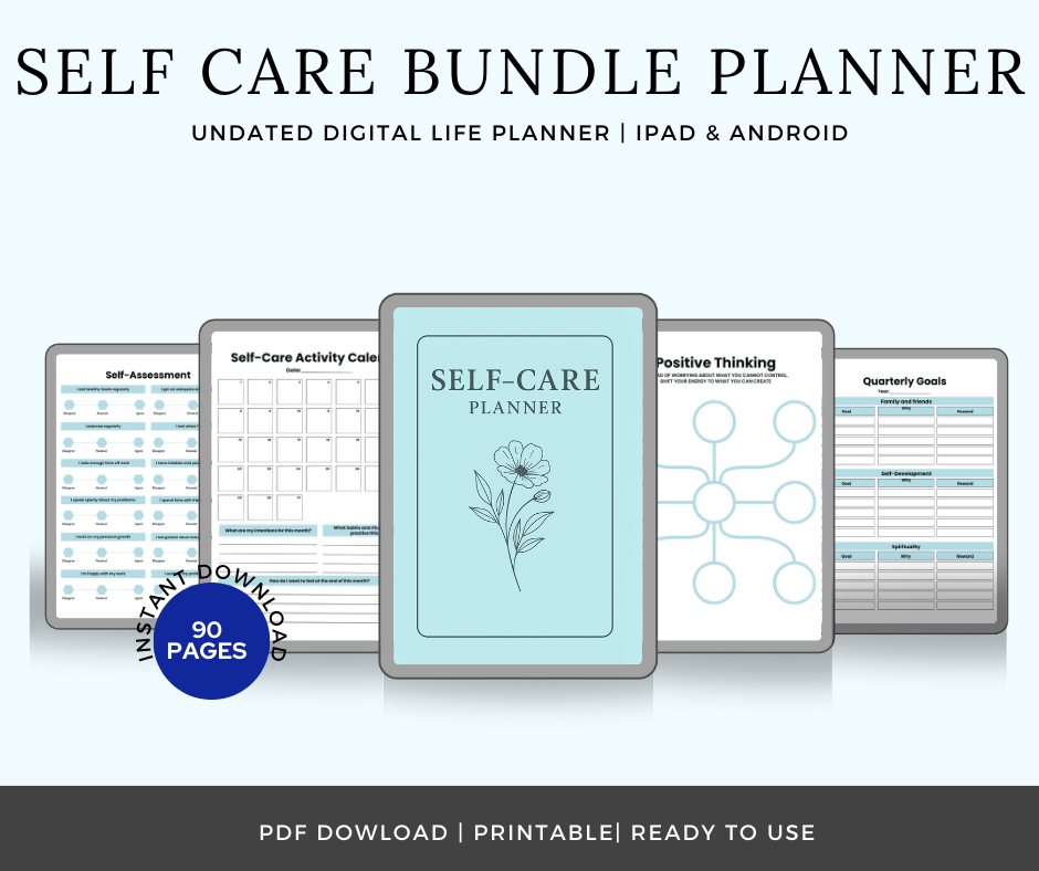 Self-Care Digital Planner Bundle | Undated Wellness & Mental Health Planner iPad/Android | Daily, Weekly, Monthly Self-Assessment Journal