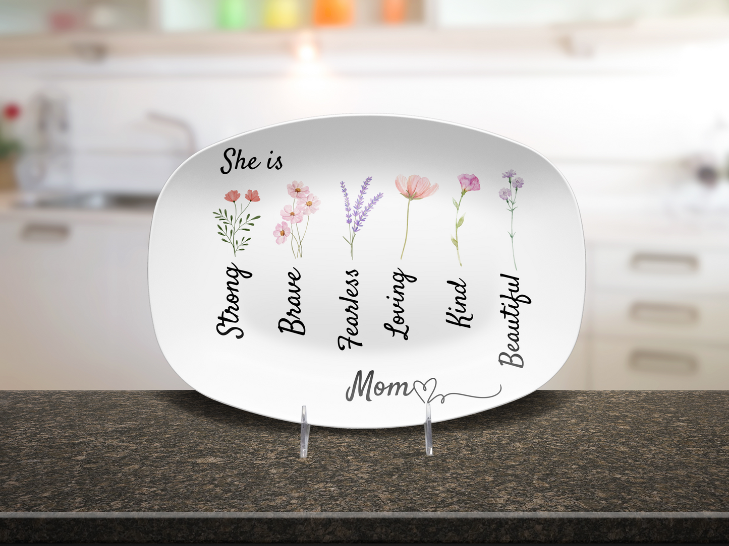 Personalized Mom Platter – Floral Oval Plate with Inspirational Words – Unbreakable & Microwave Safe